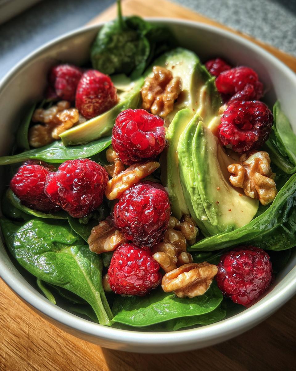 Raspberry-Spinach Salad with Avocado and Walnuts - detail 1